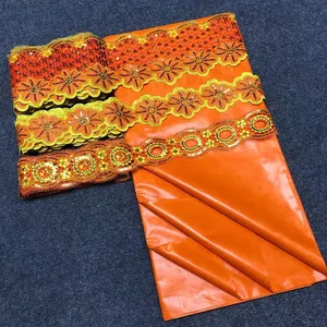 Sinya 2022 tessuto di pizzo nigeriano arancione 5 Yards tessuto africano Bazin Riche e 15 Yards paillettes pizzo per abiti da donna