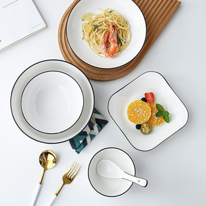 Peralatan makan bermata-hitam putih gaya Nordic untuk restoran porselen mangkuk sendok piring Set alat makan keramik putih - Product Image 3