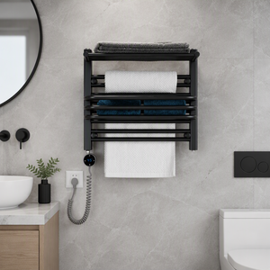 Sèche-serviettes électrique moderne en acier <span class=keywords><strong>noir</strong></span> <span class=keywords><strong>mat</strong></span> avec étagère de rangement supérieure et commande numérique pour salle de bain - Product Image 3