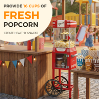 Chariot à popcorn mobile vintage rouge en acier inoxydable 2,5 oz avec bouilloire, rangement et intérieur éclairé 300W