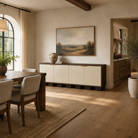 Meuble TV Console 4 Portes Panneaux Brillants Crème Cadre en Bois Foncé Poignées Dorées Console Multimédia Moderne Minimaliste pour Salon