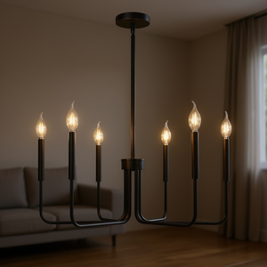 Lustre moderne à 6 lumières noires, hauteur réglable, LED E14, suspension en fer, lumière blanche chaude 2700K - Product Image 2