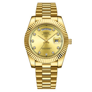 Wholesale Brand Luxury <b>Men's</b> <b>Gold</b> <b>Watch</b> - Diamond-Trimmed, Sunburst Pattern Dial, <b>Solid</b> Steel Band, Fashion Quartz Wristwatch - Product Image 5