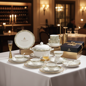 HIHUI Services de table bohèmes plats à surface blanche brillante, motifs végétaux gravés, en porcelaine fine, compatibles lave-vaisselle, pour mariage - Product Image 1