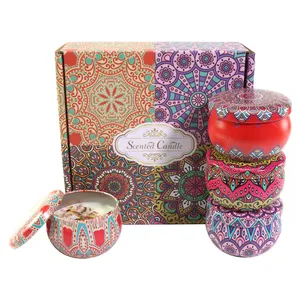 Private Label Soy Wax 4 Pcs Pack Square Small Candles & Retro Pattern Tin Gift Set Scented Candle