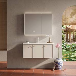 Mueble de <span class=keywords><strong>Baño</strong></span> Flotante de Acero Inoxidable de Lujo, Color Blanco Cálido, con Triple <span class=keywords><strong>Espejo</strong></span> Deslizante, Tiradores Dorados y <span class=keywords><strong>Luz</strong></span> LED para <span class=keywords><strong>Baño</strong></span> Principal - Product Image 1