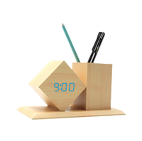 Porte-stylos de bureau multifonction en bois Art Déco avec horloge numérique LED, calendriers et détection acoustique – Idéal pour la rentrée scolaire