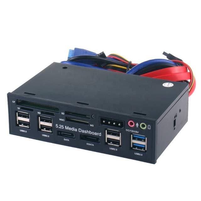5.25 Inch PC Media Dashboard Front Panel Audio With SATA ESATA 2 X USB 3.0 and 6 X USB 2.0 Hub SD TF MMC M2 CF MS Card Reader