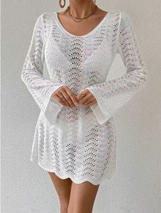 Robe unie ajourée à col rond, polyvalente, à manches longues, pour la <span class=keywords><strong>plage</strong></span>, pour le printemps et l'été, vêtements pour femmes - Product Image 1