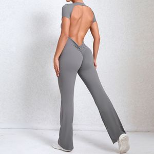 Tuta da Yoga Senza Schienale a Maniche Corte Color Carne con Pantaloni Svasati per <span class=keywords><strong>Fitness</strong></span> - Product Image 4