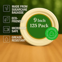 Assiette en bagasse de 9 pouces, vaisselle jetable écologique, certifiée FDA LFGB, imperméable, 100 % ° Résistant à la chaleur pour les aliments en vrac
