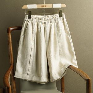 Women's Cotton Linen Shorts <b>Elastic</b> High Waist Loose Fit Casual Breathable White Beige Black Light Blue Coffee Yellow - Product Image 1