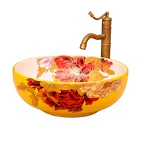 Gran oferta, lavabo sanitario creativo para el hogar, lavabo redondo de cerámica, amarillo, blanco, flor de peonía, encimera, lavabo de porcelana