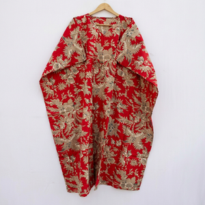 Robe Kaftan en Coton Rouge à Motif Floral, Col en V, Fermeture en Dentelle, Longueur Totale, Écologique, Respirante, Tenue Décontractée d'Été, Cadeau Artistique - Product Image 1