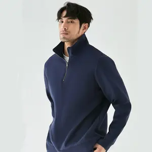 Sweatshirt warna polos longgar kelas berat mantel jaket bertudung setengah ritsleting kasual kerah berdiri kualitas tinggi untuk pria
