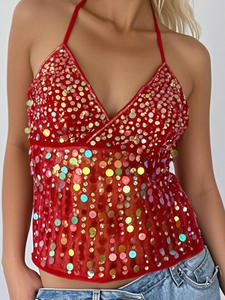 <b>Sparkly</b> Sequin Fringe Halter V-Neck Mesh See-Through Festival Party <b>Top</b> & FTS 1688 DDP Shipping Buying Service - Product Image 1