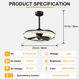 Ventilateur de plafond 23,6'' avec lumière, télécommande APP, 6 vitesses, LED réversible et à intensité variable, élégant ventilateur de plafond en cristal pour chambre à coucher et salon - Product Image 6