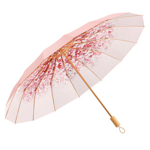 Paraguas para sol y lluvia, 16 varillas, marco de aleación, poliéster, apertura manual, tres pliegues, nuevo estilo chino, para viaje. - Product Image 5