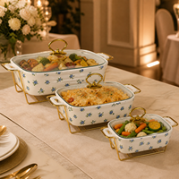 Plat à chafing en céramique bleu rose avec couvercle en verre, support en métal doré, chauffe-plats rectangulaire pour buffet, 3 tailles pour la restauration et l'hôtellerie