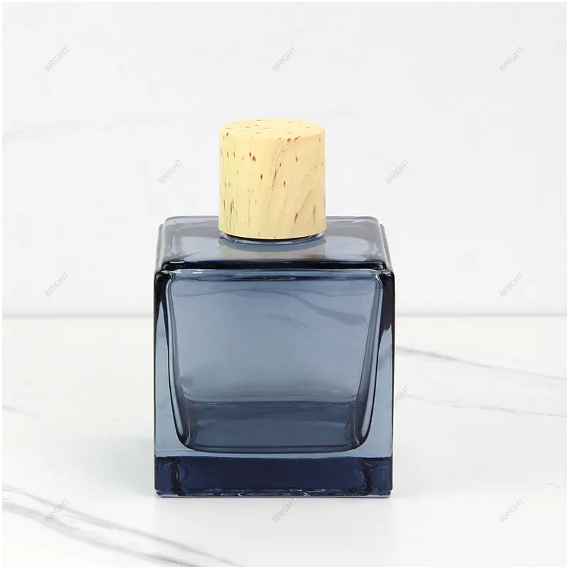 Ev dekoratif koku parfüm toptan altın alüminyum kap ile boş özel renk kare cam dağıtıcı şişe