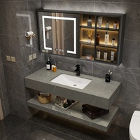 Unit Vanity Kamar Mandi Modern Minimalis Putih Tahan Lama 70kg, Dapat Disesuaikan, dengan Meja Slab dan Wastafel Keramik Terintegrasi, Gaya Hotel