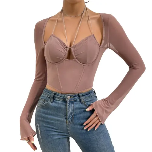 Wholesale hot Sell Women Halter Long Sleeve Crop Top Deep V Neck T Shirts