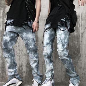 Pantalones Vaqueros Ajustados de Moda para Hombre, Lavados, con Abertura y Cremallera, de Tiro Alto, Rotos, Estilo Mom, Tie Dye, Apilados - Product Image 2