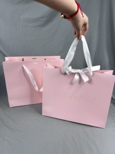Luxury Pink Matte Paper Bags with Satin Bow Handle - Custom White <b>Hot</b> Stamping Logo Gift Bags for Boutiques for Party - Product Image 5