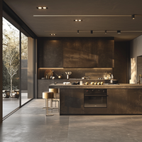 Ensemble de meubles de cuisine modulaires en pierre noire moderne avec îlot cascade, design sans poignées, éclairage LED chaud, prêt pour la salle à manger, garantie 5 ans