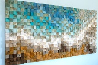 Décoration murale en bois bleu de plage, art mural rustique en mosaïque de bois, sculpture en bois de bord de mer, art moderne récupéré, peinture murale suspendue