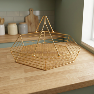 <b>Gold</b> Wire <b>Storage</b> <b>Basket</b> Polygon Shape With Handles Minimalist Design Kitchen Organizer Metal Mesh Single Tier - Product Image 1