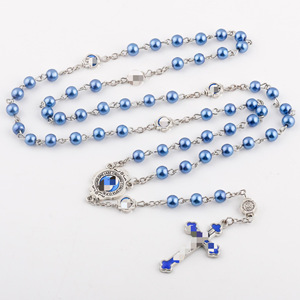 Ensemble collier chapelet croix et boîte, perle d'eau douce bleu roi, bijoux religieux unisexe - Product Image 4