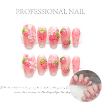 Conception # 1400 faux ongles en gel acrylique de luxe, faits à la main, mignons, en 3D, en forme de fraise rose, design personnalisé