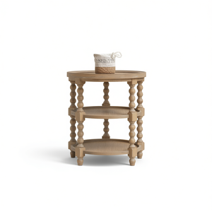 Table d'appoint ronde à 3 niveaux en bois de chêne finition naturelle, table console pour salon, design traditionnel, apparence moderne - Product Image 1