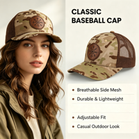 Casquette de camionneur camouflage personnalisée OEM ODM avec patch en cuir gravé au laser, maille respirante, pour la pêche, le camping et l'aventure
