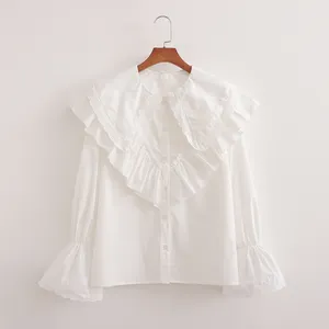 ארוך אבוקה שרוול לבן צבע כפתורים עד פיטר צווארון מחבת מזדמן צנוע נשים של חולצות
