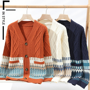 Cárdigan de punto para <span class=keywords><strong>hombre</strong></span>, diseño de contraste de tres colores, abrigo de suéter de estilo étnico Vintage - Product Image 4