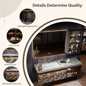 Mobile <span class=keywords><strong>Bagno</strong></span> Sospeso di Lusso Stile Hotel con Top in Quarzo e Armadietto a Specchio LED Intelligente in Legno Massello - Product Image 2