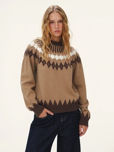 Women Knit Sweater <b>Mock</b> <b>Neck</b> Pullover Geometric Pattern Long Sleeve Cable Knit <b>Top</b> for Autumn Winter - Product Image 1