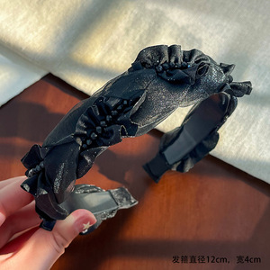 Élégant serre-tête en mousseline avec motif plissé effet neige et nœud papillon, bandeau en dentelle noire pour mariage, accessoires capillaires parfaits - Product Image 5