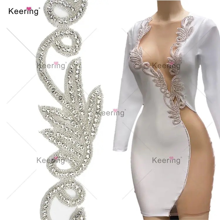 Keering Rhinestone Trim Hand Made Silver Bold Beaded Patches Trimmings And Crystal Neckline Appliques For Dresses Clothing