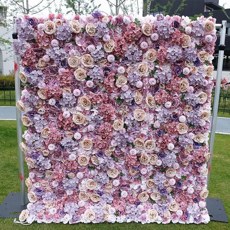Custom Wedding Party Decorative Hanging 3D Artificial Silk Flower Wall White Pink Roses Flowers Wall Backdrop
