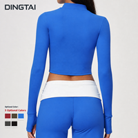 Veste courte à col montant et fermeture éclair sur le devant pour femme, manches longues avec passe-pouces, brossée, séchage rapide, respirante, pour yoga, course à pied et fitness