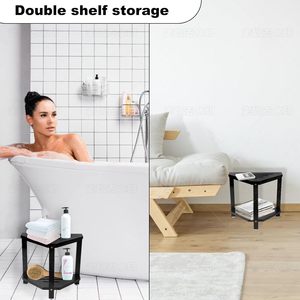Tabouret de salle de bain triangulaire à double rangement, siège de douche d'angle en bois massif noir 36,8x30,5x33,7cm, imperméable et antidérapant - Product Image 3