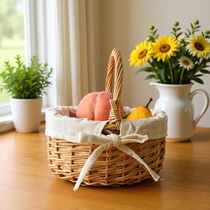 Panier rond en saule tressé, doublé de lin, pour le rangement des fruits, des légumes et des pique-niques - Product Image 1