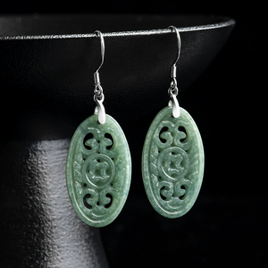 Natural Genuine A-grade Jadeite Antique Classic <b>Stud</b> <b>Earrings</b> S925 <b>Silver</b> <b>Set</b> Jade Ethnic Style Women's Gift Third Party - Product Image 3