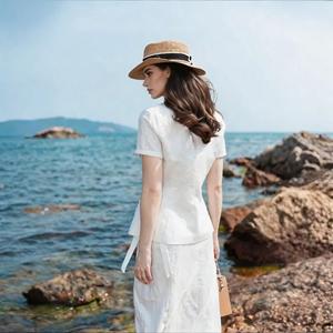 Conjunto de dos piezas de <span class=keywords><strong>lino</strong></span> <span class=keywords><strong>blanco</strong></span> para <span class=keywords><strong>mujer</strong></span>, top peplum y falda midi, <span class=keywords><strong>traje</strong></span> casual de verano para playa u oficina - Product Image 3