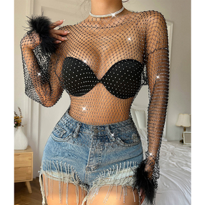 Female Sexy Black Diamond <strong>Fishnet</strong> Rhinestone Mesh Crop Top With Feather Trim <strong>Sleeve</strong> - Product Image 4