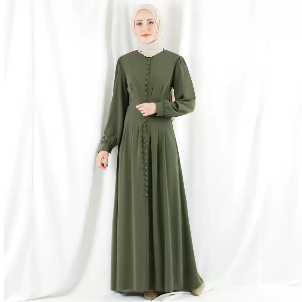 Hot sale high quality fashion pocket front button long sleeve a line modest polyester long dresses