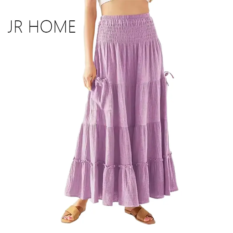 Custom Summer Bohemian Women Casual Vintage Solid Elastic Waist A-line Tiered Long Skirt